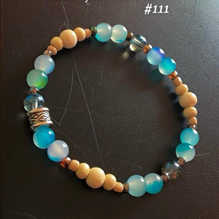 Handmade Blue/Tan Multicolor Stone/Wood/Metal Beaded Bracelet #111, Unisex