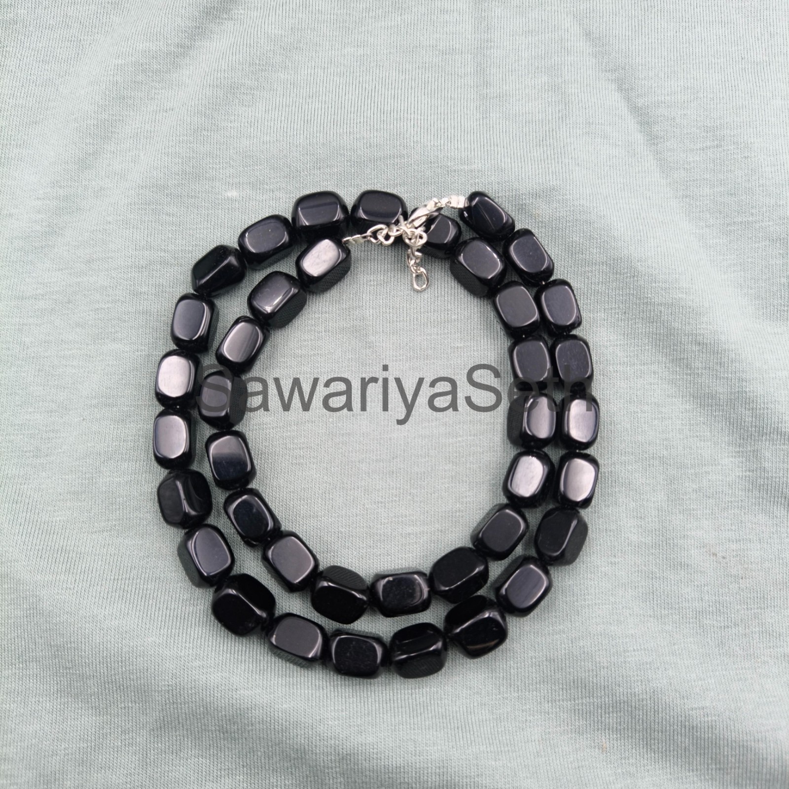 Black Tourmaline Square Beads Necklace, 8mm Natural Gemstone Necklace, Sterling
