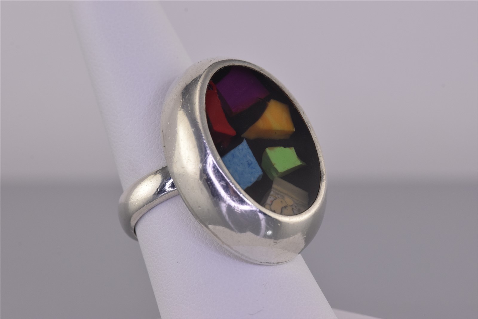 ATI Sterling Silver 30mm Oval Imbedded Mix Gemstone Band Ring 15g Mex 925 Sz: 8