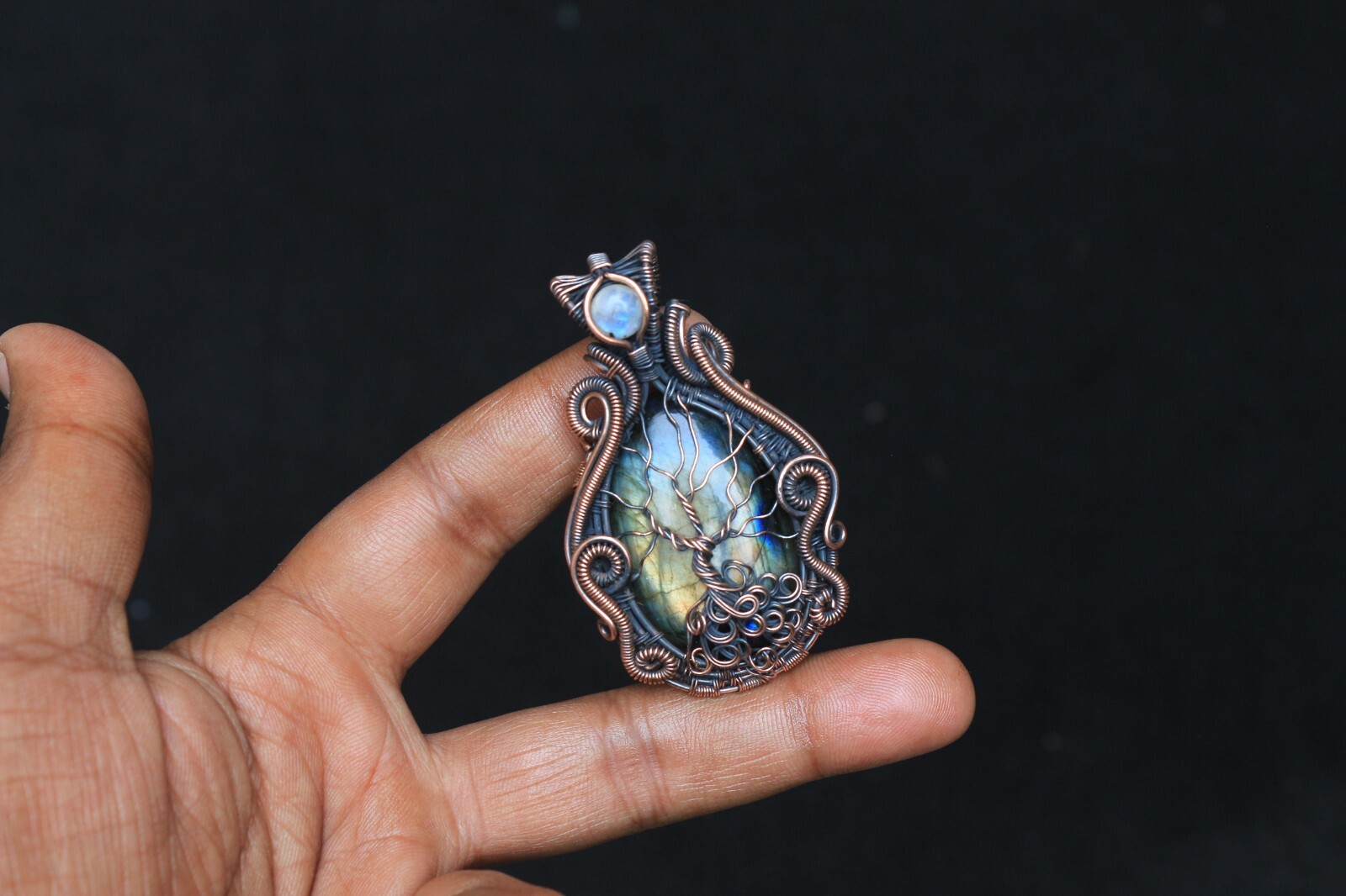Yellow Fire Labradorite Copper Wire Wrap Tree Of Life Pendant Jewelry Gift NK547