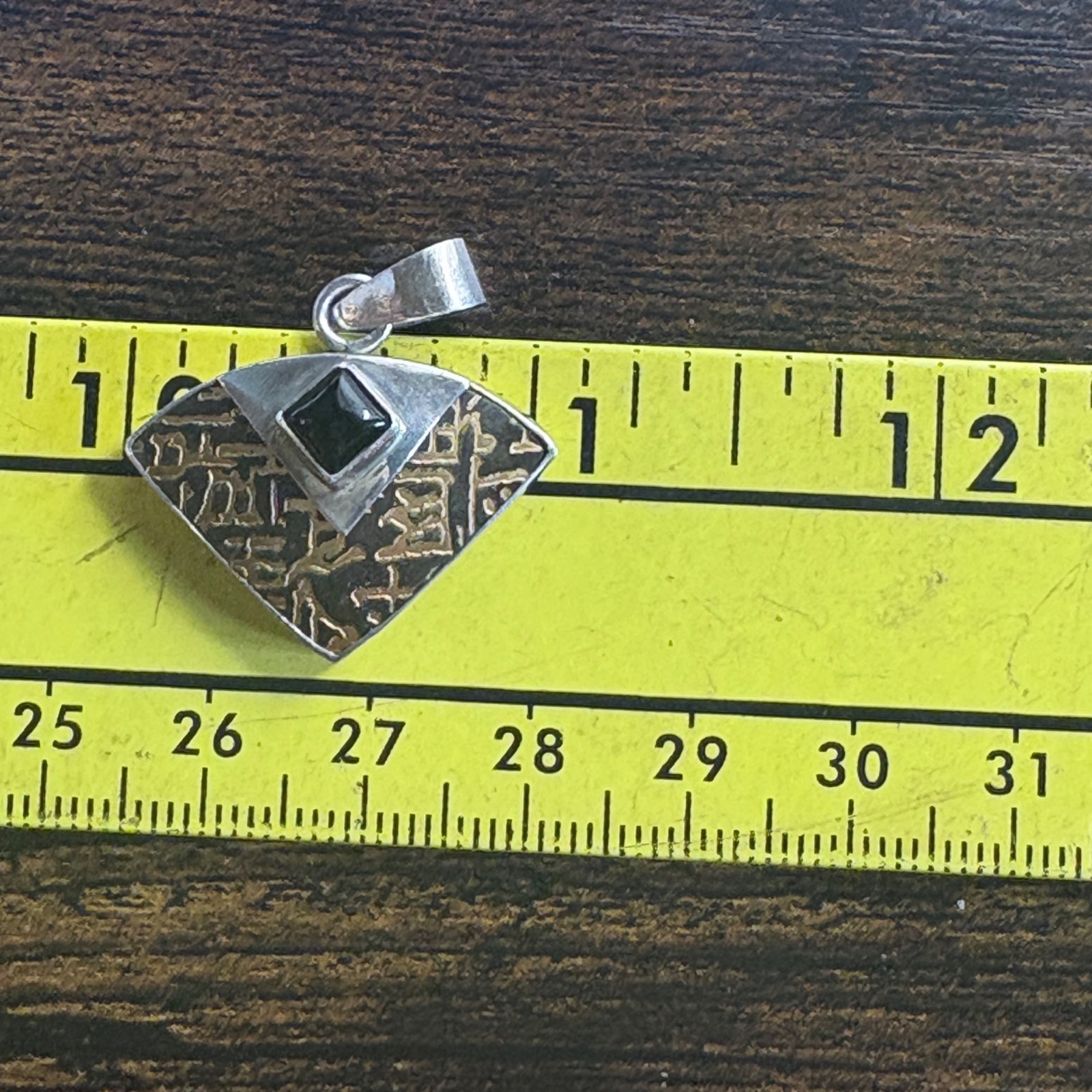 Black Onyx Black and Gold Painted Enamel Inlay Pendant 925 Sterling Silver 1.25″