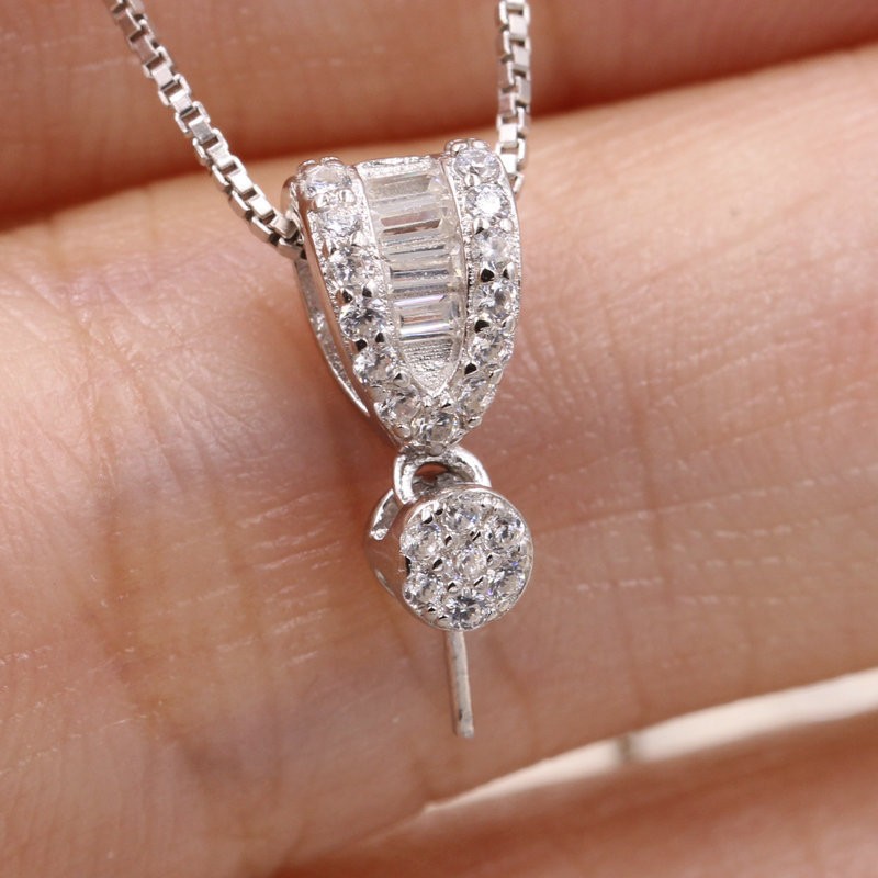 Sparkling Sterling Silver Pearl Pendant Settings Clasp Bail with Pin for 8-12mm