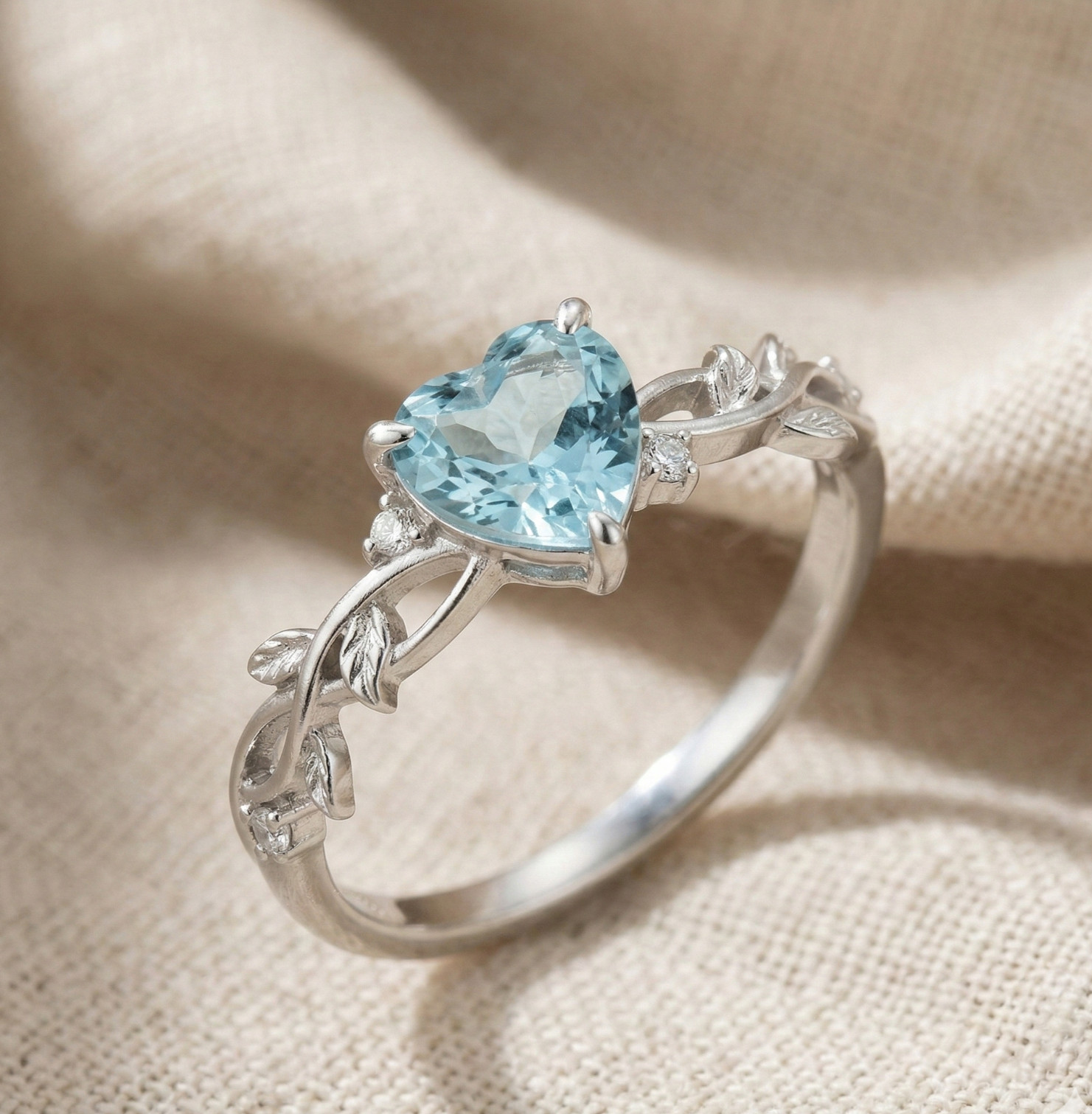 Heart Sky Blue Topaz Ring Leaf Vine Engagement Ring Nature Inspired Wedding Ring
