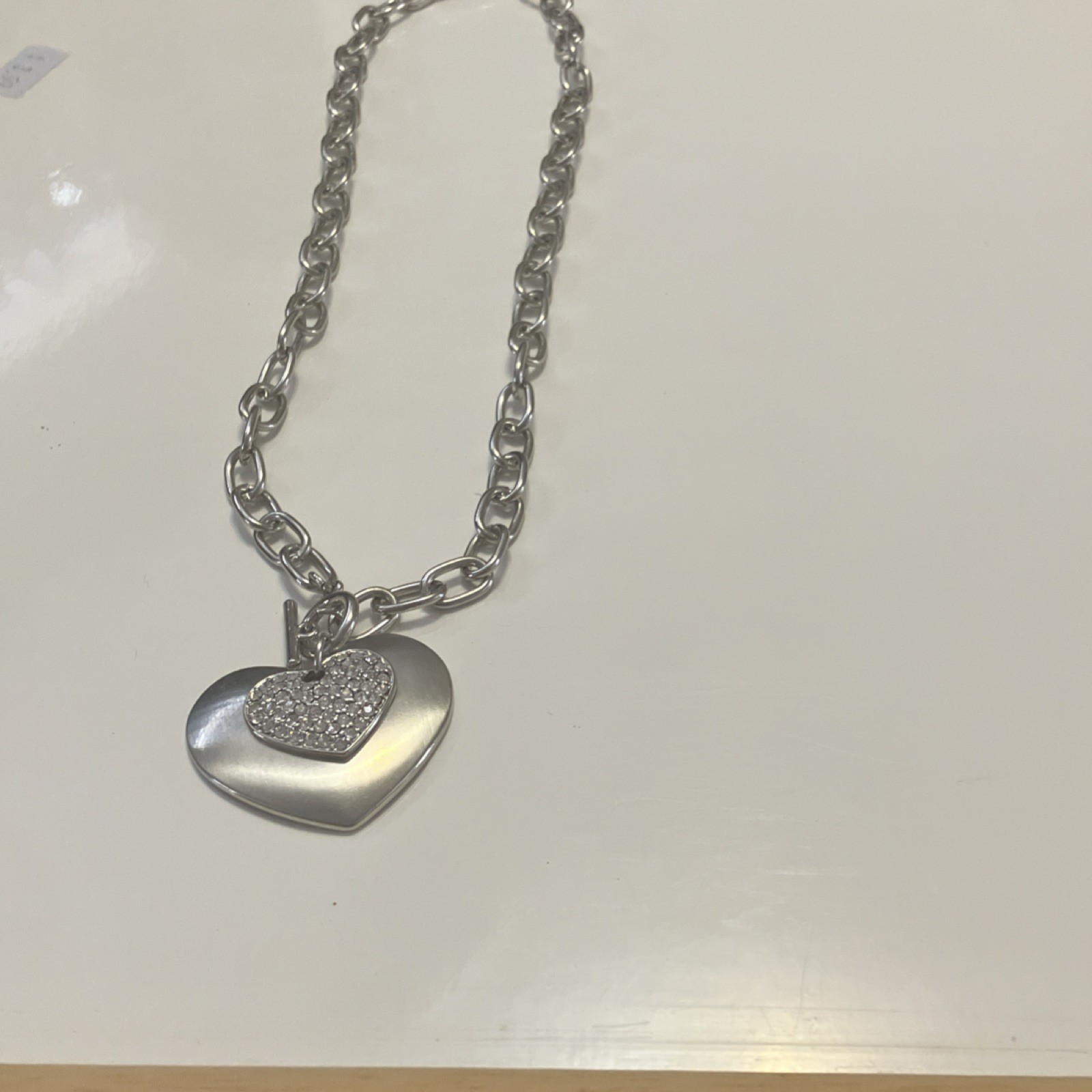 Silver Tone Heart Pendant Necklace Crystal Charm Oval Link Toggle Chain