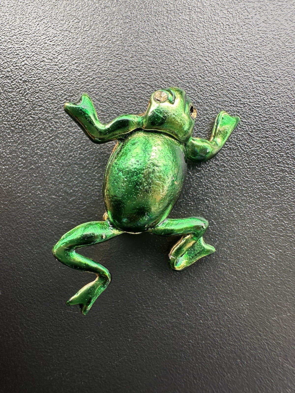 Vintage Metallic green enamel leaping frog brooch