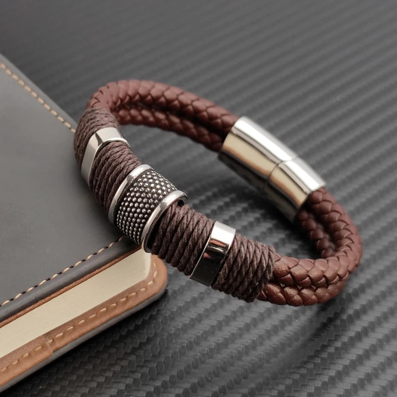 PU Leather Bracelet Multilayer Stainless Steel Bead Charm Men Wrist Jewelry