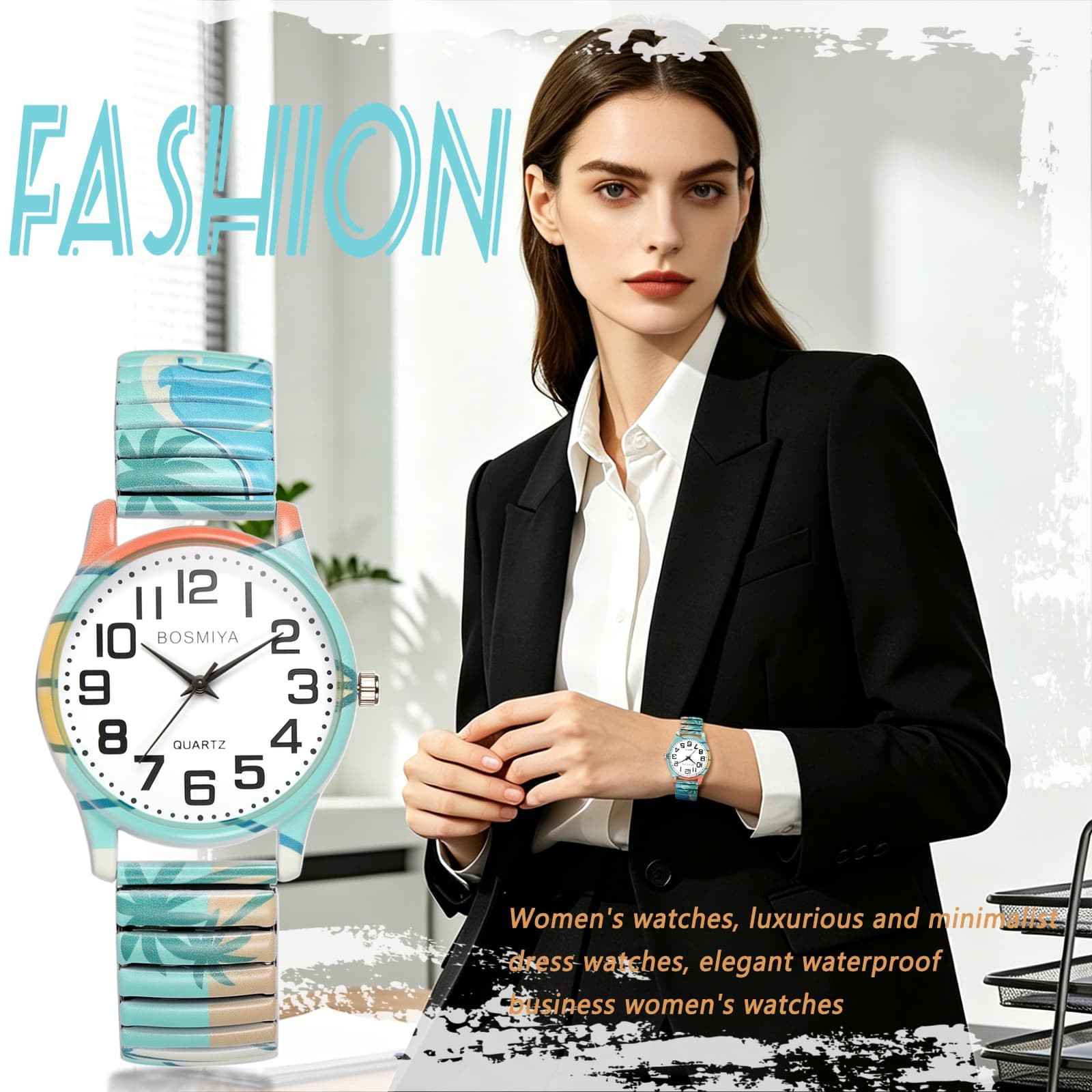 Summer Boho Stailess Steel Strap Floral Print Elastic Wrist Watch Easy Reader