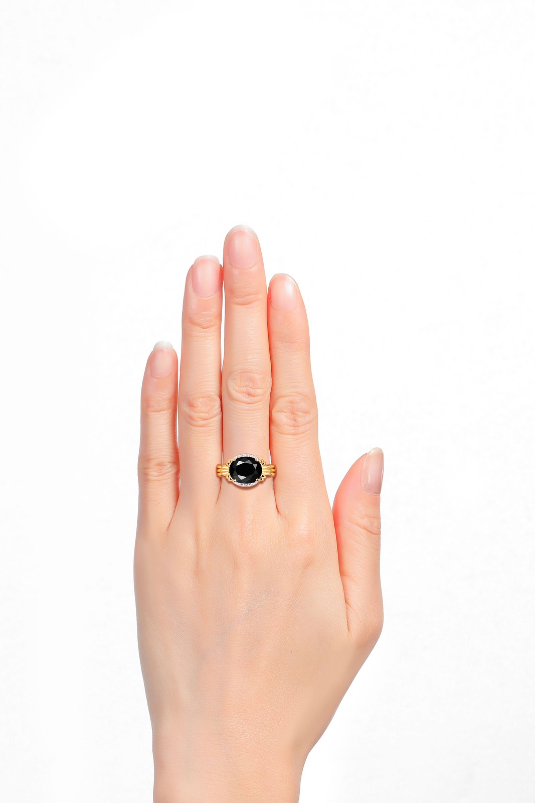 RYLOS CABOCHON ONYX & DIAMOND 12X10MM RING YELLOW GOLD PLATED SILVER SIZE 7