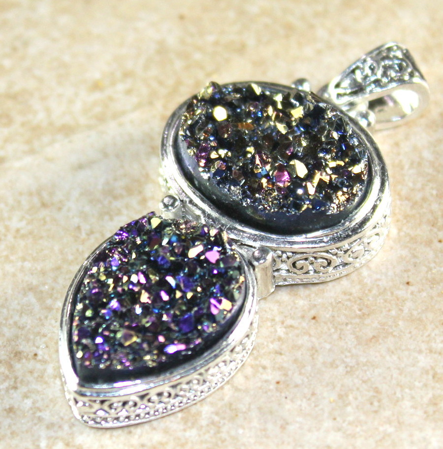 SILVER Vintage Style Dark Purple Golden Rainbow Titanium Druzy Pendant WP14003