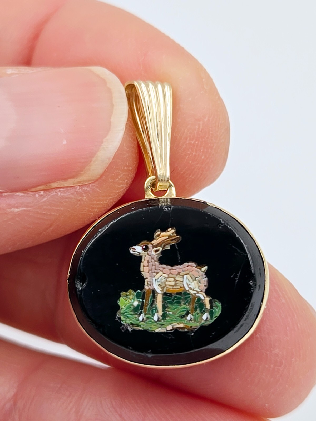 Micro Mosaic Pendant Deer Stag 14K Gold & other metals Italy Grand Tour Necklace