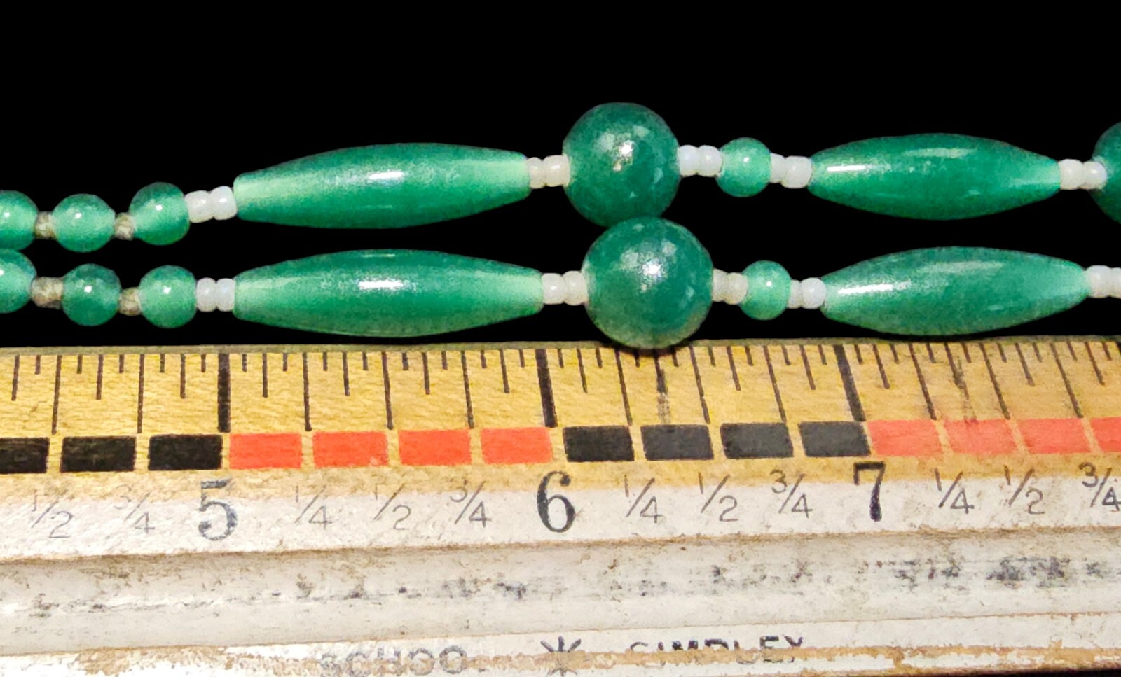 Antique 1920-30s Art Deco Sautoir Green White Uranium Glass Bead Tassel Necklace