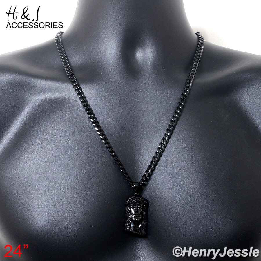 18-40″MEN Stainless Steel 6mm Black Plated Cuban Chain ICY CZ Jesus Pendant*B133