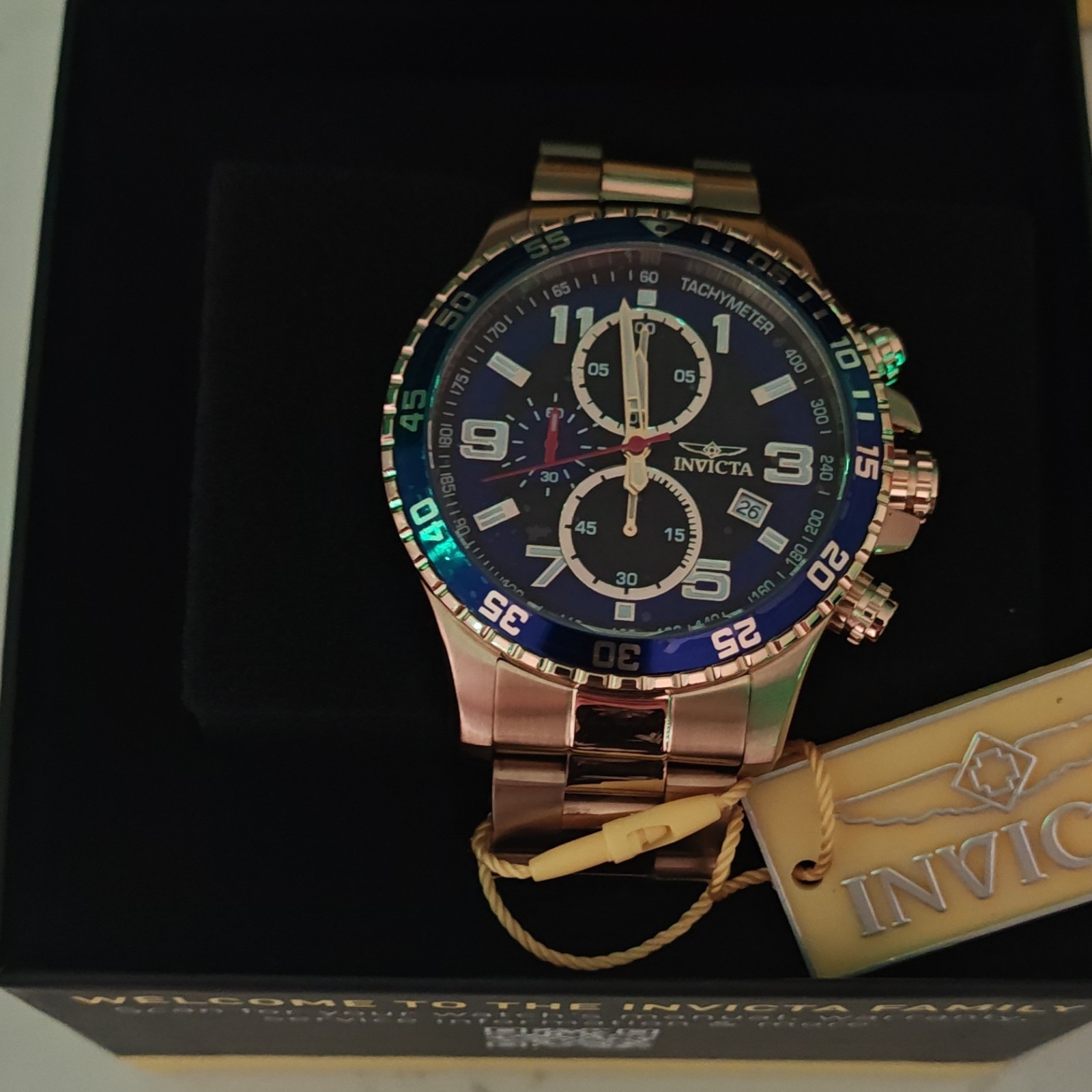 Invicta Men’s Quartz Chronograph Gold-Tone Stainless Bracelet Blue Dial Box
