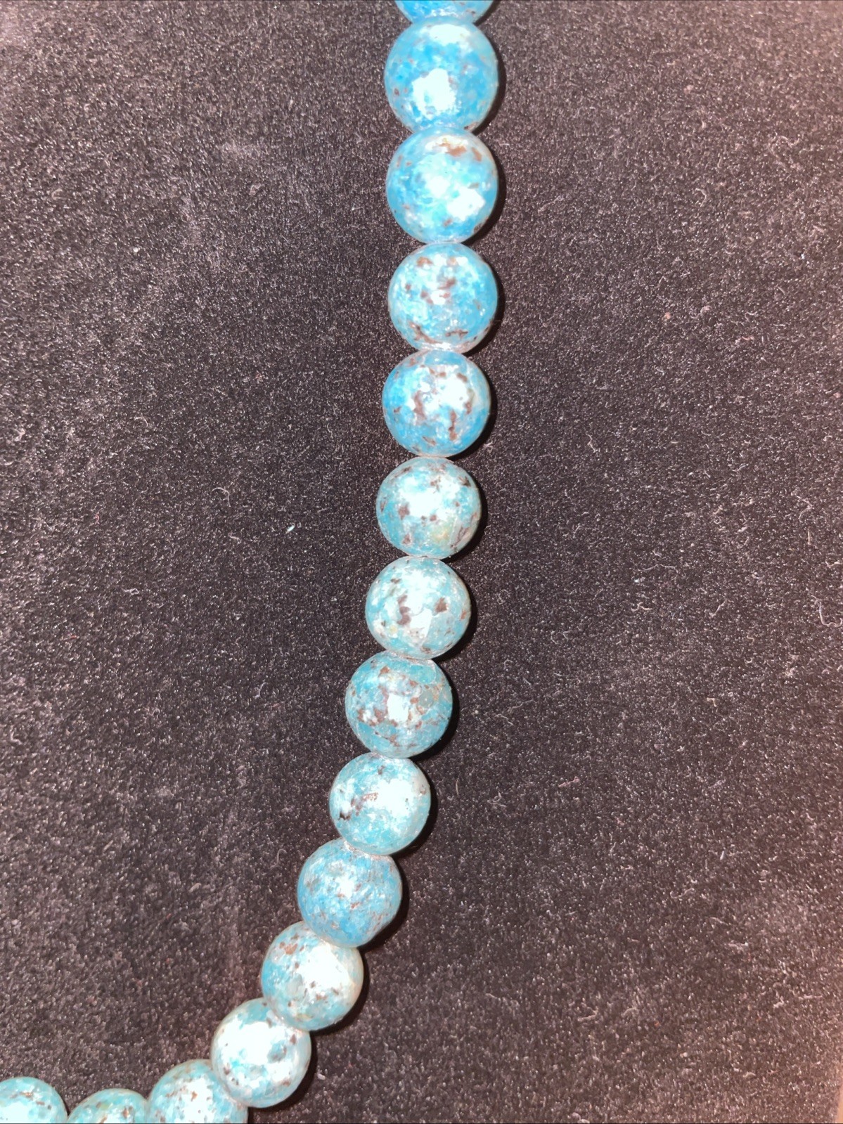 Blue Turquoise Beaded Necklace Round Stones Sky Blue & Black 18”, 925 Clasp