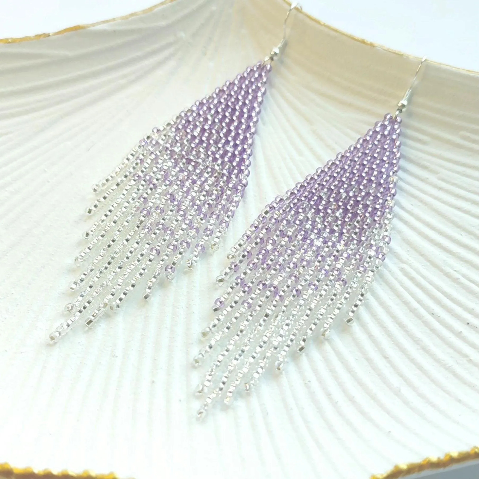 Ombre Beaded Fringe Earrings: Purple Silver Boho Dangle Jewelry
