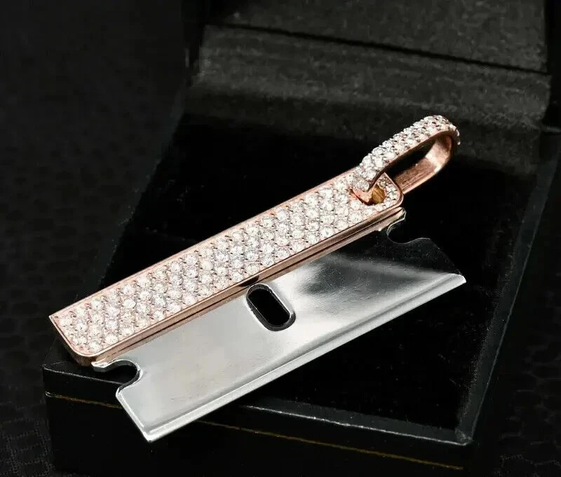 2CT Round Cut Lab Created Diamond Men’s Razor Blade Pendant 14K Rose Gold Plated