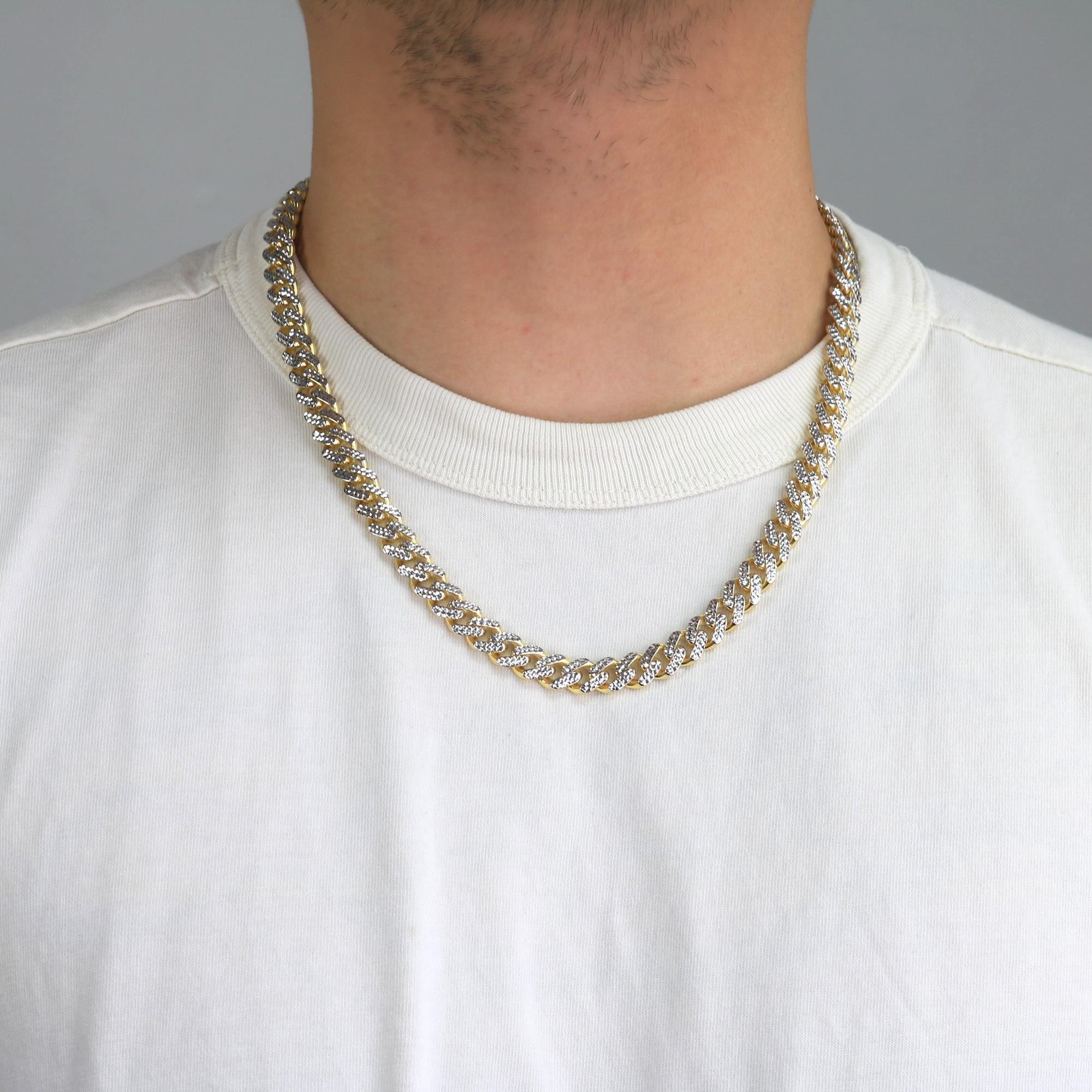 10K Yellow Gold Monaco Miami Cuban Pave Diamond Cut Chain Necklace, 7.5mm- 15mm