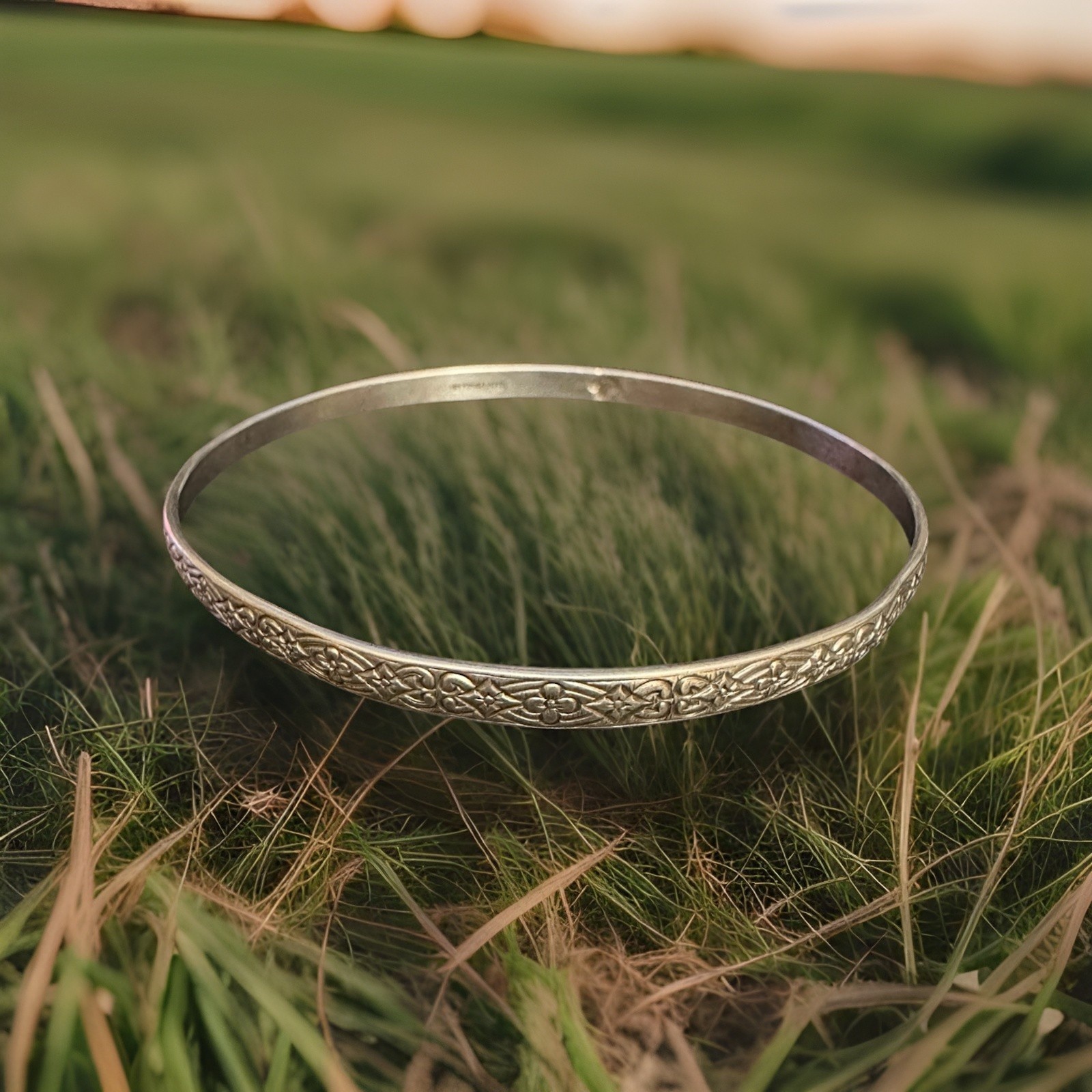 Sterling Silver Floral Bangle Bracelet 8in 4mm Stackable Boho Chic