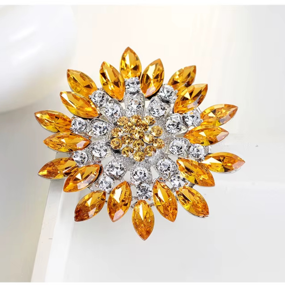 Luxury Sunflower Brooch Rhinestone Crystal Yellow Flower Pin Jewelry Summer Gift