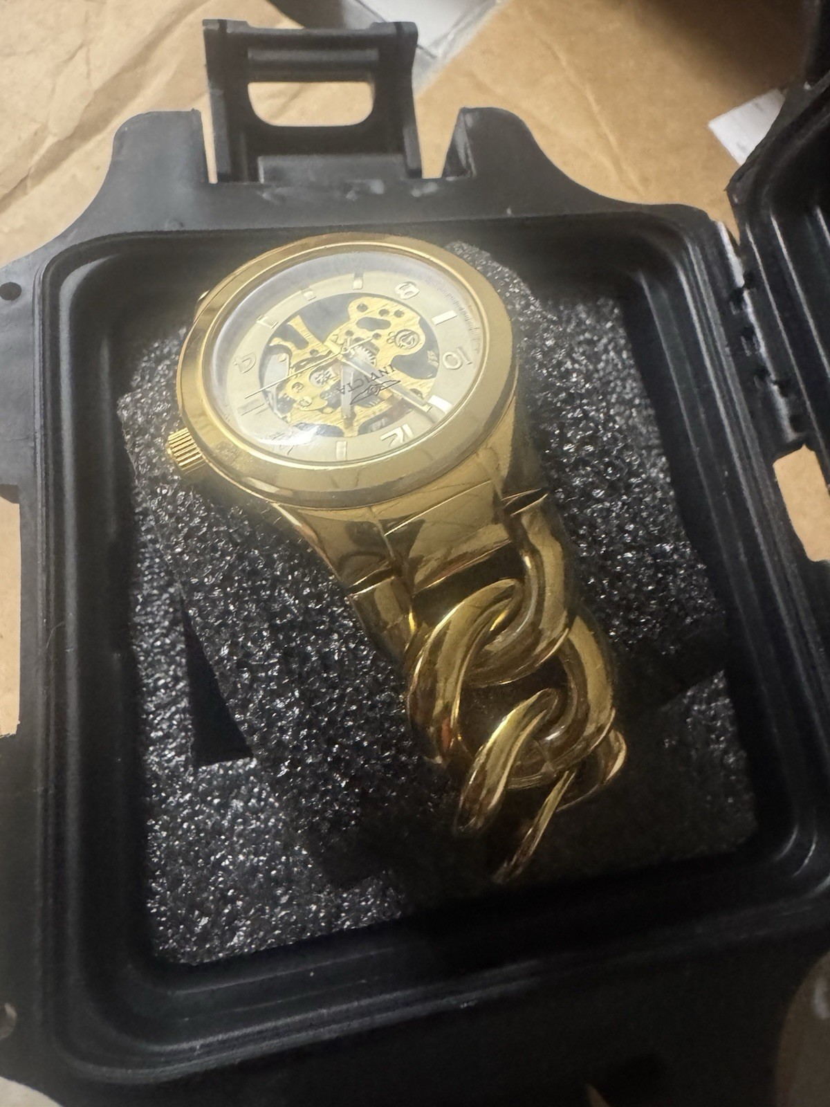 Invicta Angel Gold Tone Cuban Link Skeleton Automatic Watch 44mm 20 Jewels