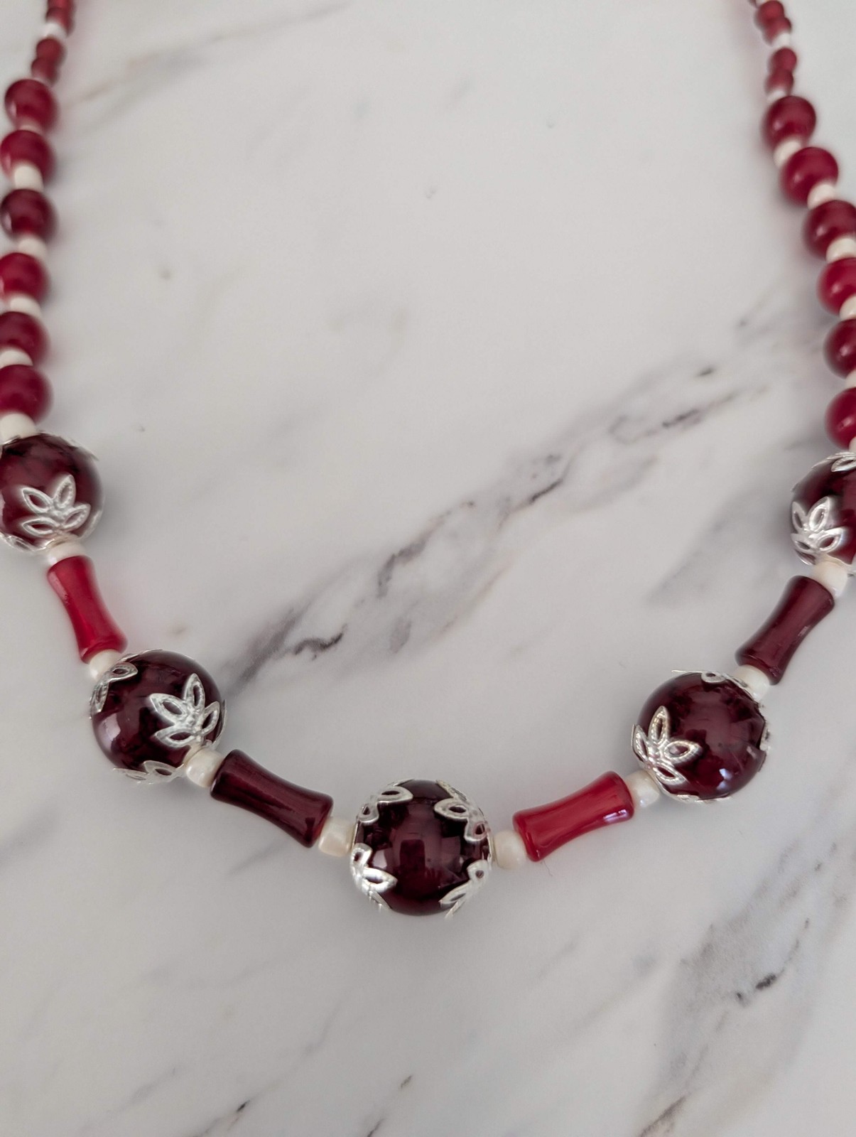 Burgundy Beaded Necklace for Women – 21.5″ Red Glass & Bamboo Tube Statement Nec