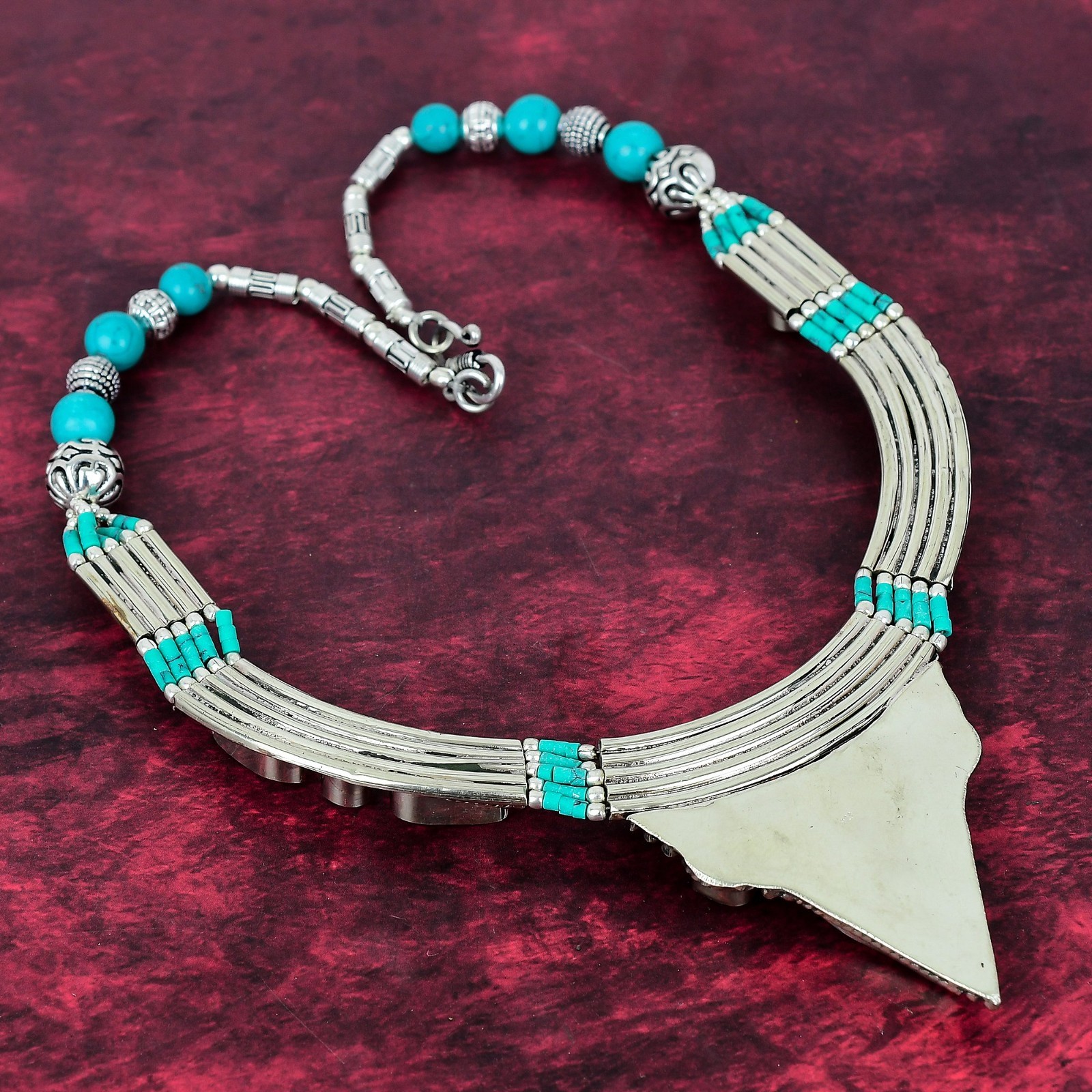 Blue Turquoise Gemstone Handmade 925 Streling Silver Designer Nepali Necklace