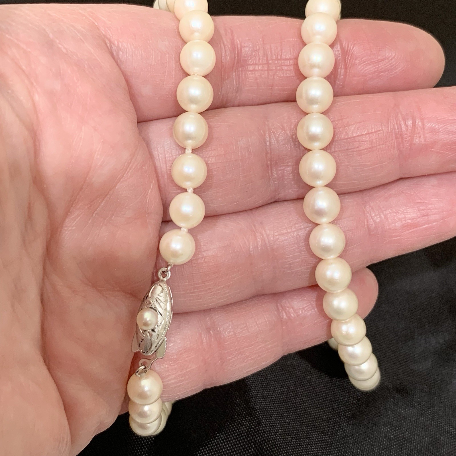 Hi Luster Akoya Pearl Necklace Strand Fuji Pearl OffWhite 7mm AAA+ SilverVTG 17”