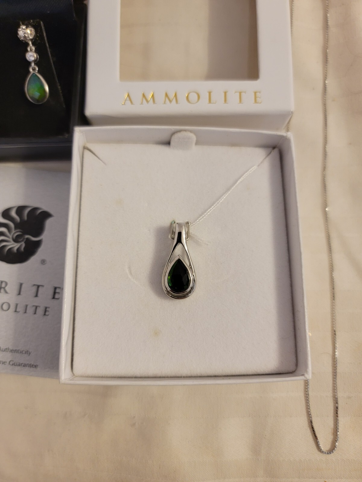 KORITE AMMOLITE SET Teardrop Pendant,16″ Sterling Silver Necklace,Earrings