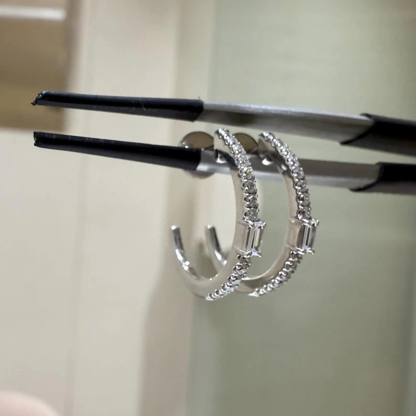 2 Ct Round & Baguette Accent Moissanite Half Hoop Earrings 14K White Gold Finish