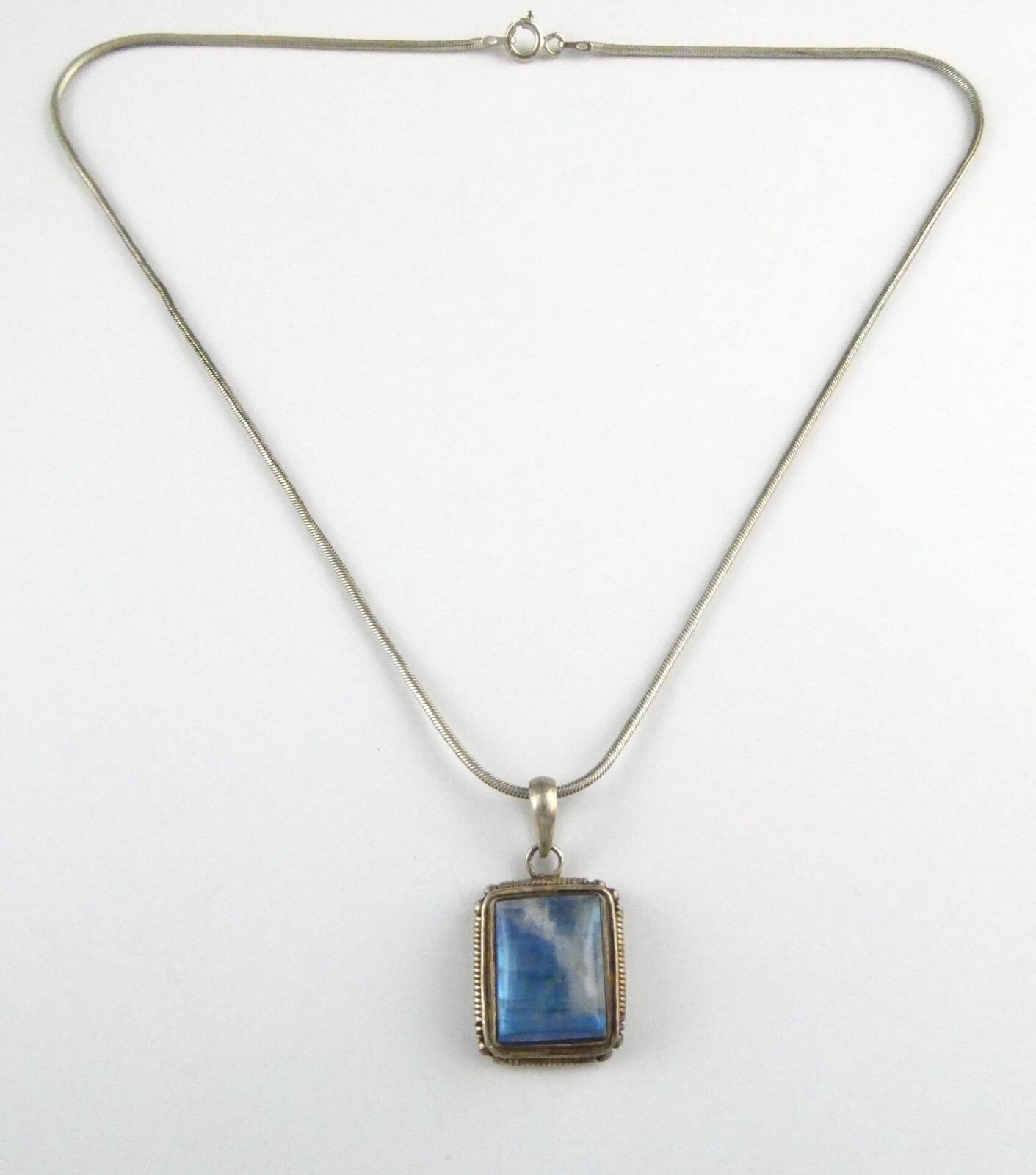 Vintage Sterling Silver Blue Moonstone Rectangular Cabochon Pendant Necklace 925