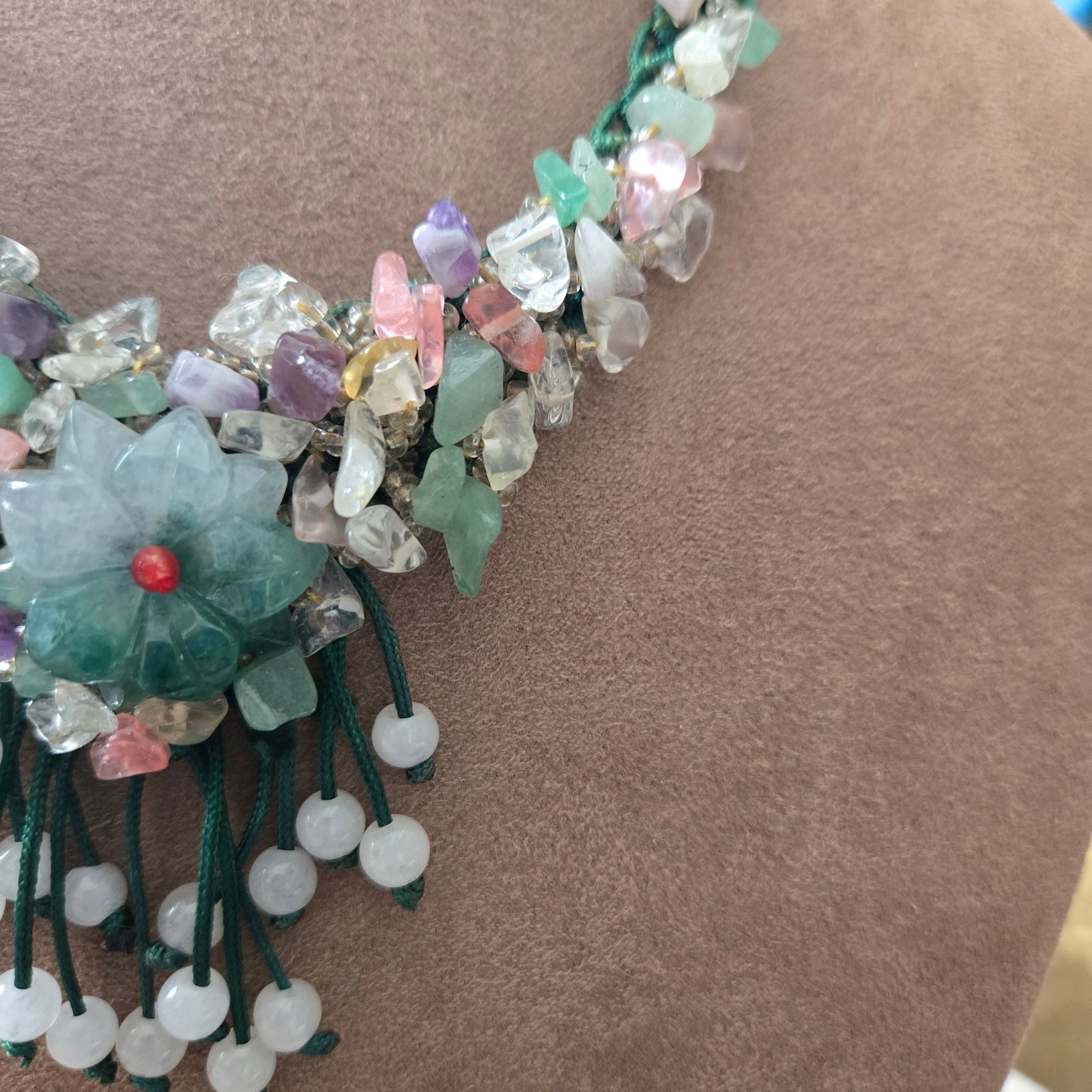 Vintage Semi- Precious-stones Floral Beaded Green Macrame Adjustable Necklace