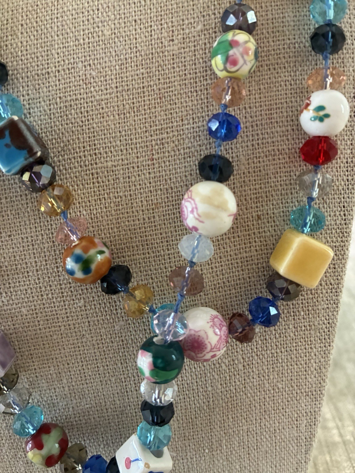 Necklace Colorful Mixed Media~Glass Beads,HandPainted Ceramic Sq/Rnd Beads 22”