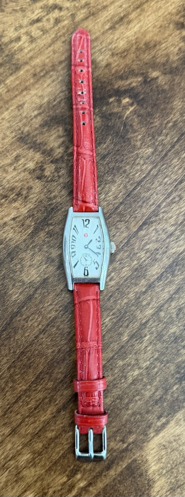 Michele Coquette Swiss Quartz Watch Stainless Steel Red Leather Strap Running