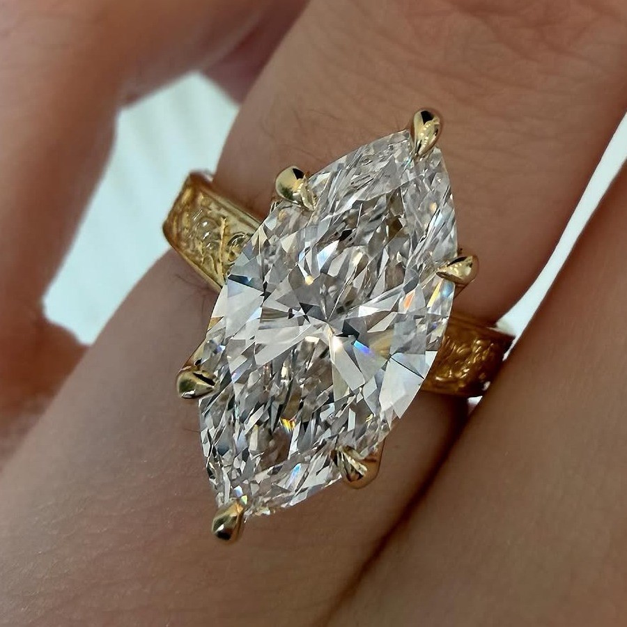 4.21Ctw Marquise Moissanite Engraved Band Engagement Ring 14K Yellow Gold Plated