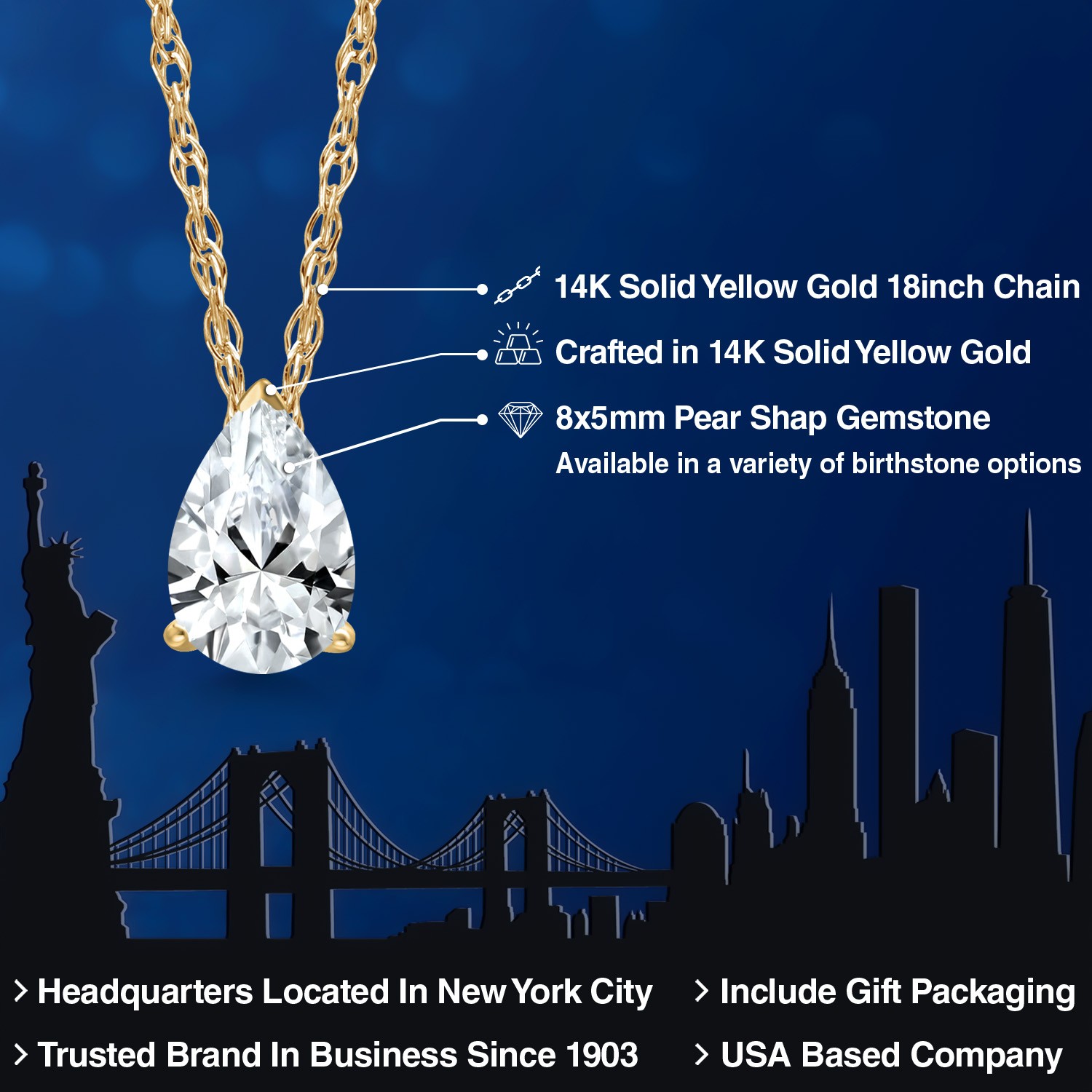 14K Yellow Gold Gemstone Birthstone Teardrop Pendant Necklace | Pear Shape