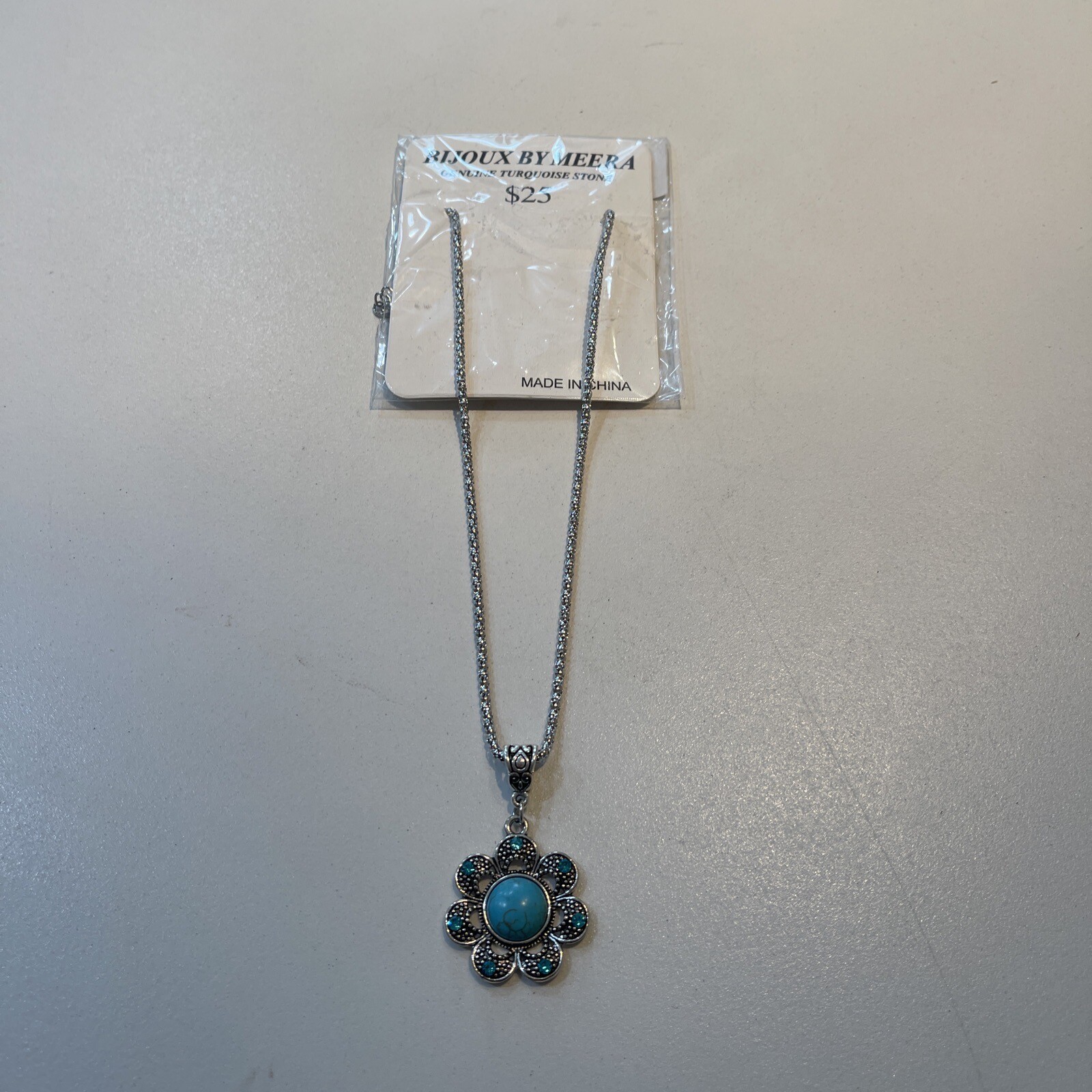 Bijoux By Meera Necklace Genuine Turquoise Stone Charm & Silver Flower 18″ NEW