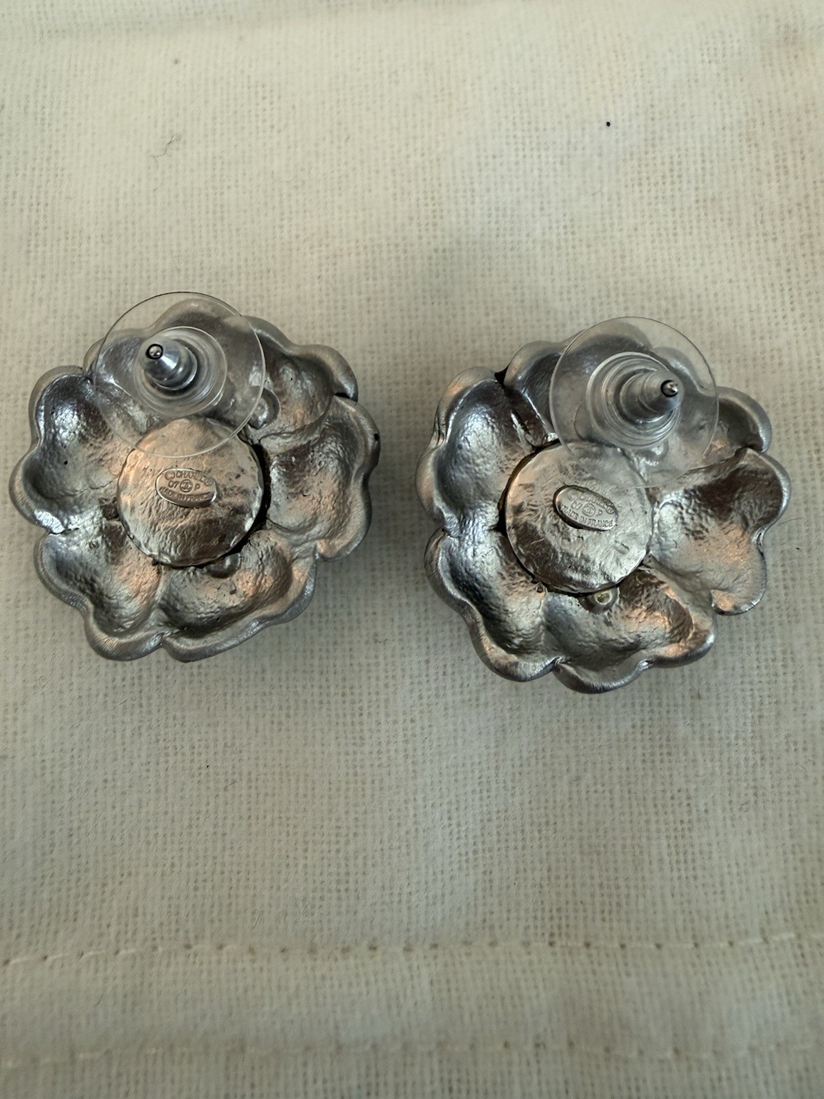 CHANEL Black & Silver Flower Camellia Stud Earrings