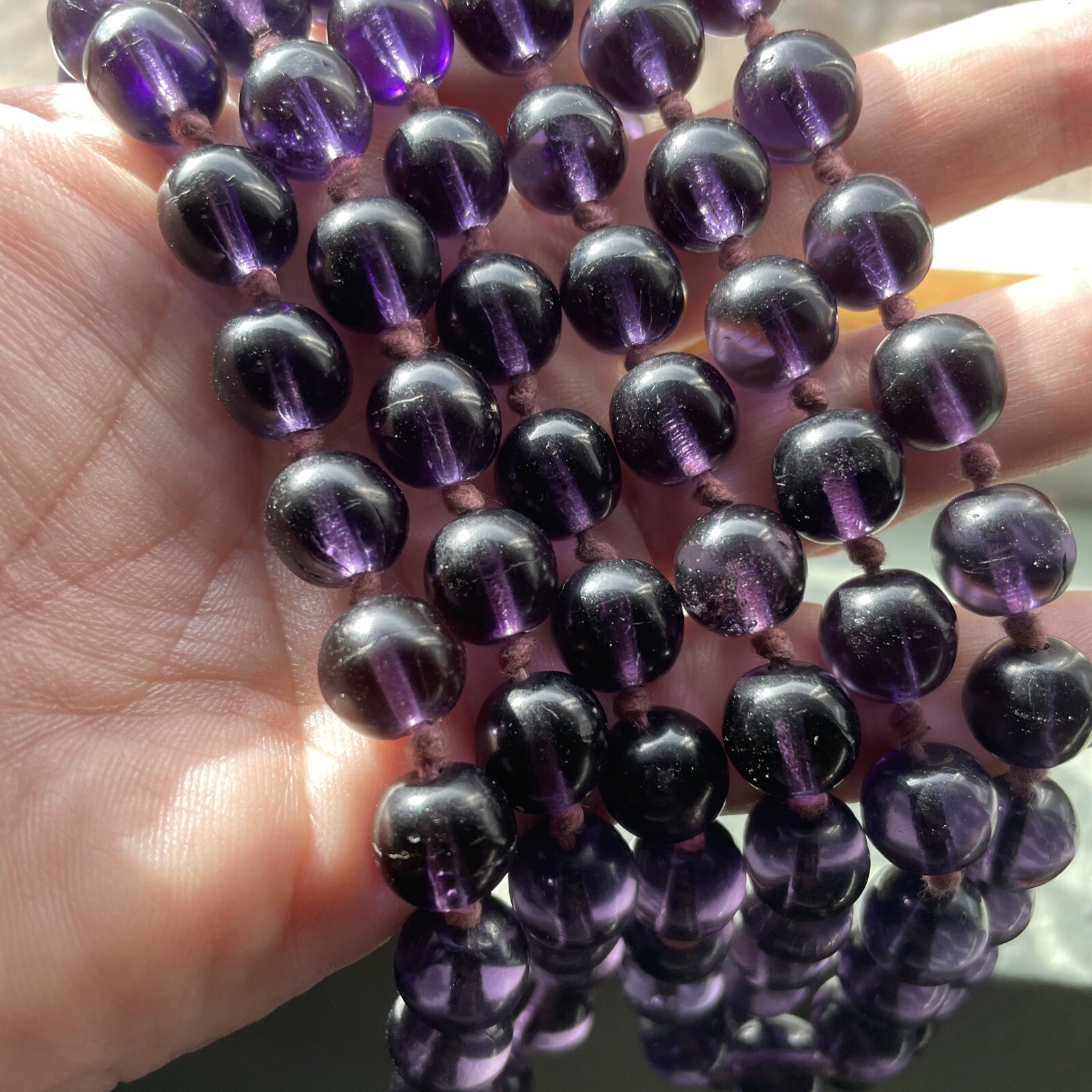 Vintage Deep Purple Chinese Glass Hand Knotted Round Bead Long Necklace 29”