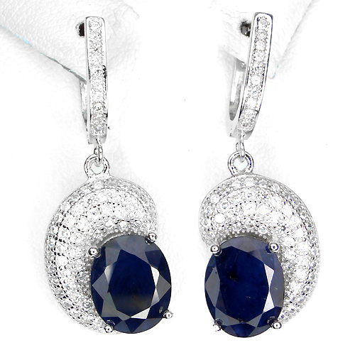 GENUINE OVAL 10x8mm. BLUE SAPPHIRE DIFFUSION& W. CZ STERLING 925 SILVER EARRINGS