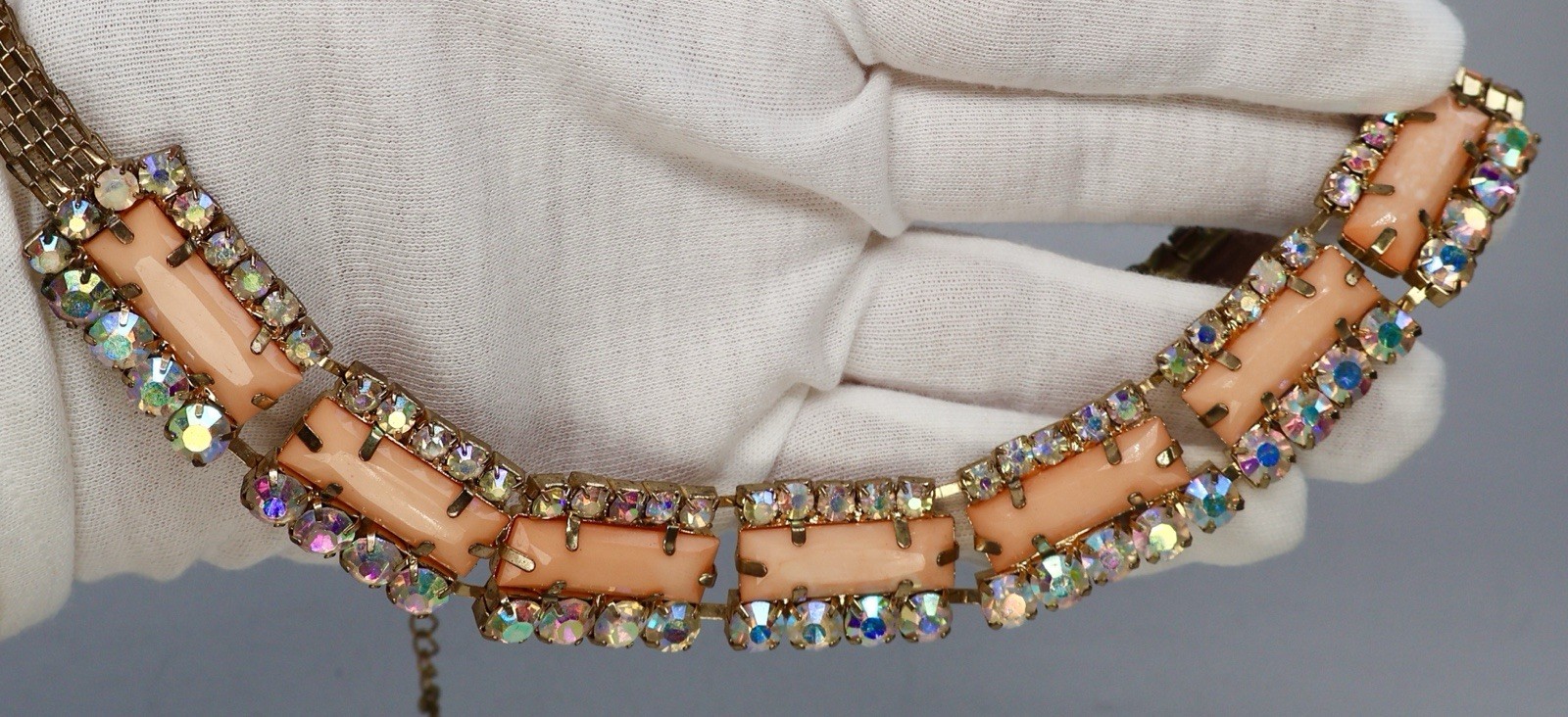 Vintage Statement Necklace AB Rhinestones Orange Peach Acrylic Baguette 18″