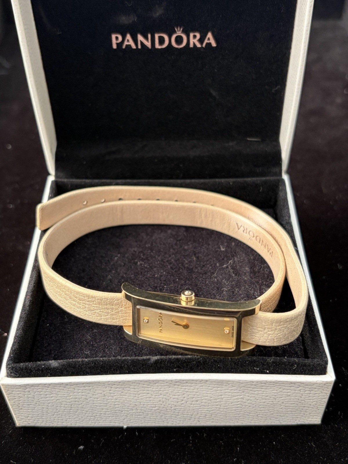 Pandora Double Oblong 18K Gold Plated Watch with Beige Leather Strap – 812019LG