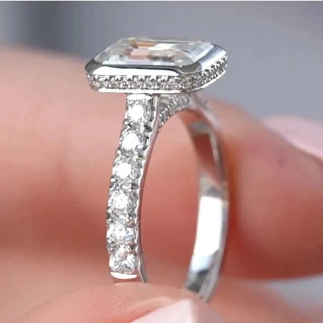 3.50Ct Emerald Cut Moissanite Hidden Halo Engagement Ring 925 Silver 14K Vermeil