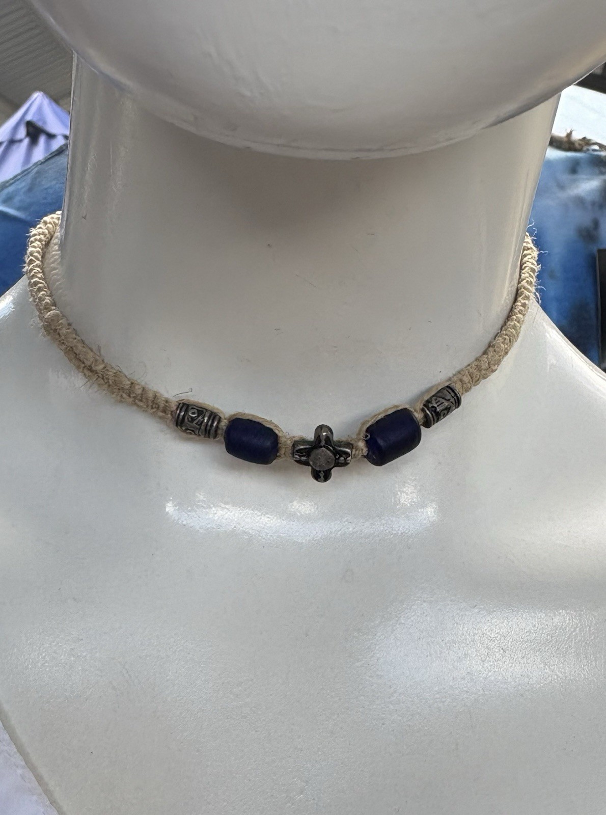 Hemp Cross Pendant Beige Cord Blue Glass Bead Choker Necklace Adjustable Tie