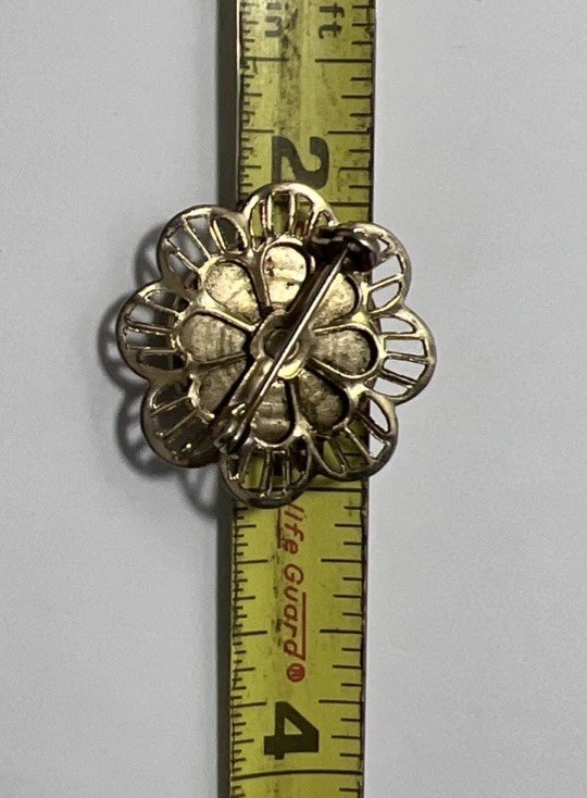 Pink Black Green Guilloche Enamel Painted Flower Gold Tone Metal Brooch Vintage