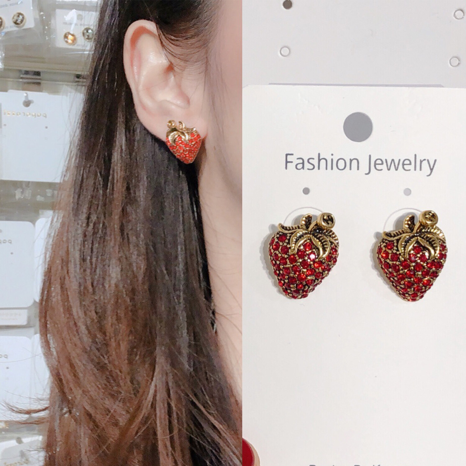 Earring for Women Strawberry Shape Ear Stud Crystal Paved Mini Shinny Ear Rings