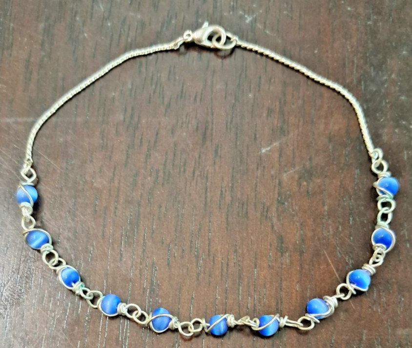 Handcrafted Wire Wrapped Periwinkle Blue Cats Eye Glass Bead Anklet Chain 9.5″