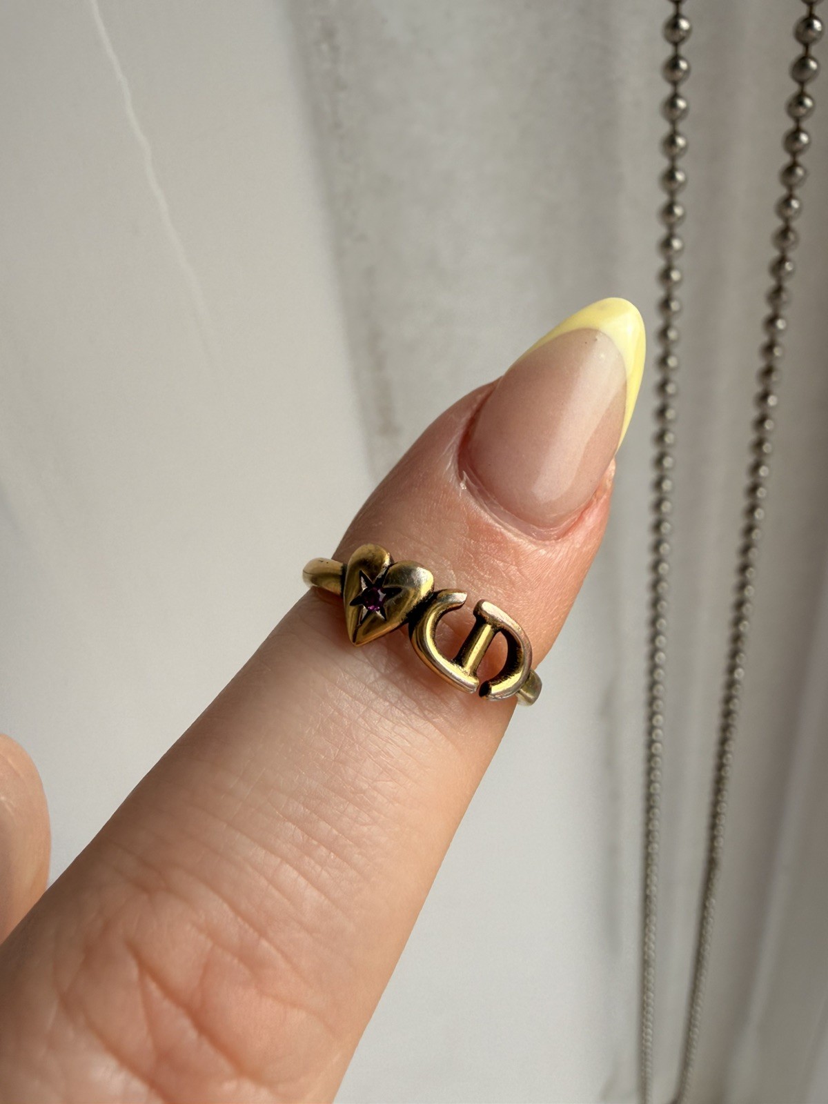 Christian Dior Lucky Charm Ring Heart Logo Antique Gold Tone Size M 52.5 US 6.25