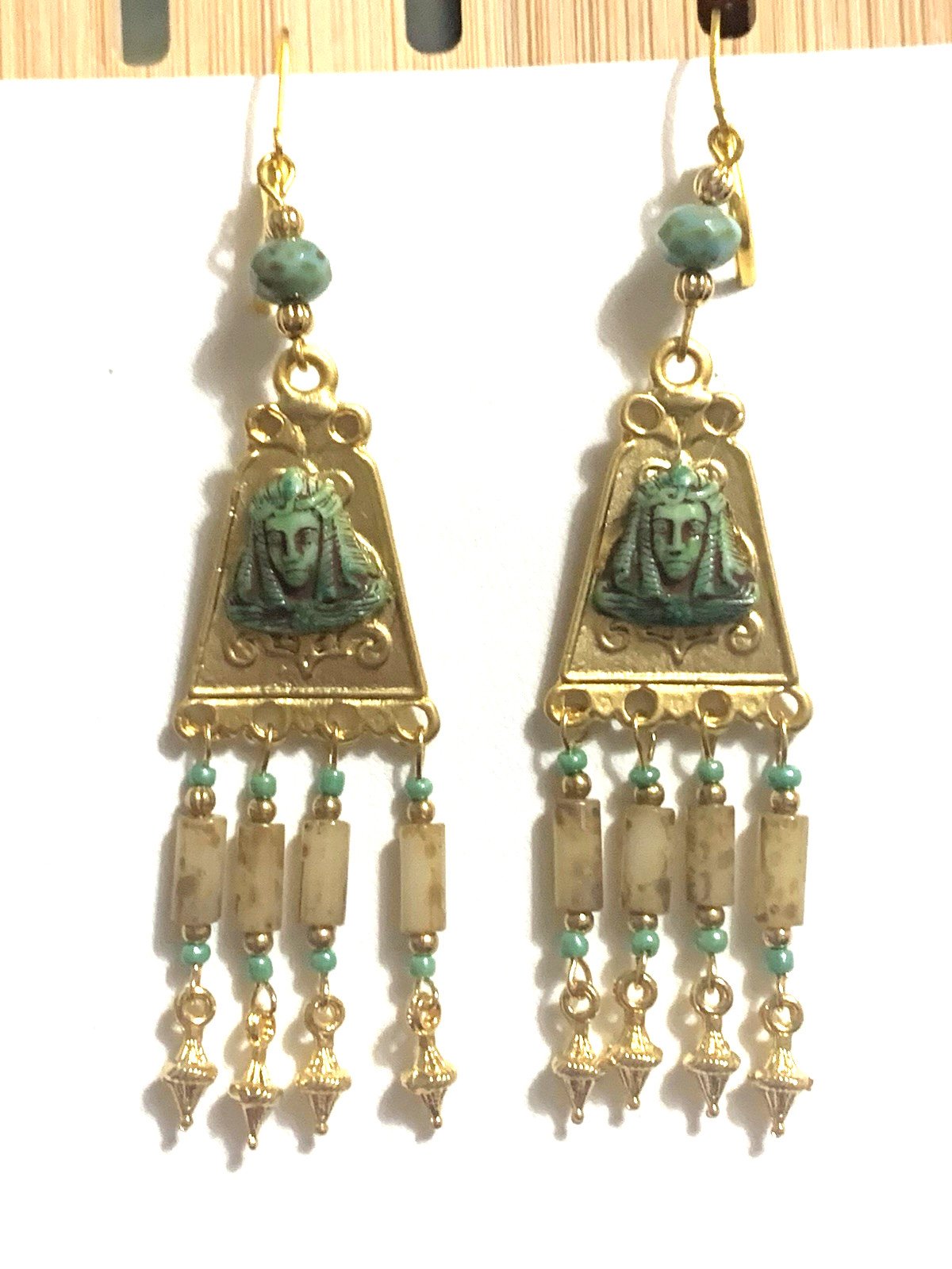 NEW ITEM*ARTISAN*EGYPT REVIVAL CZECH NEIGER GLASS PHARAOH CHANDELIER EARRINGS.g