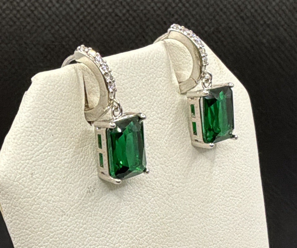EMERALD EARRINGS – Lab Created – 6.0ctw Pair – Silver Setting!!!