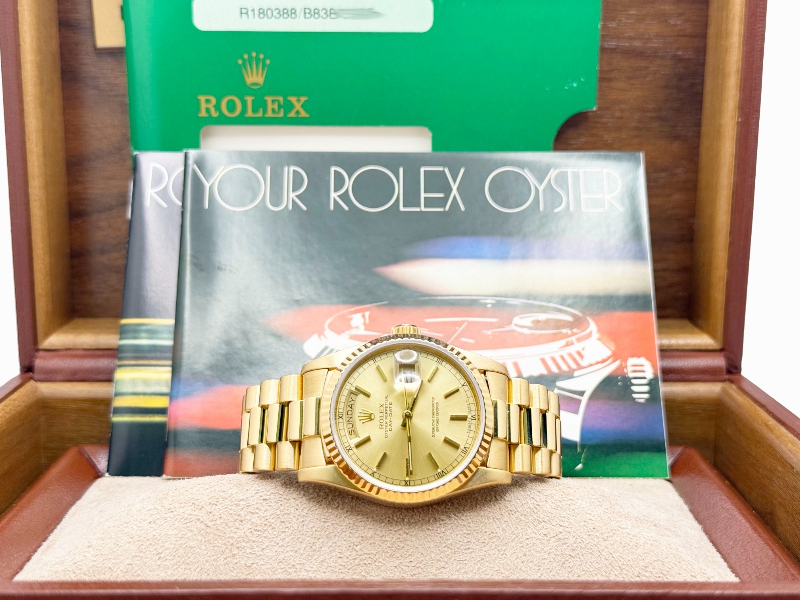 Rolex Day Date President 18038 36mm Champagne Dial 18K Yellow Gold Box Booklets